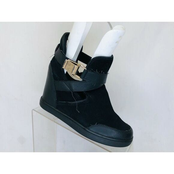 ALDO Womens Black Leather Suede Buckle Wedge Ankle Boots Bootie Size 8.5 M - Picture 3 of 11